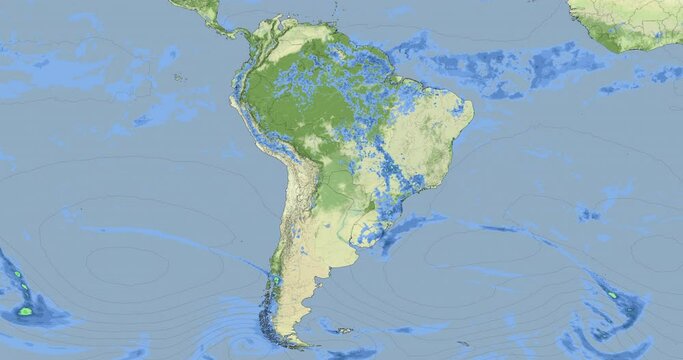 Meteorological map displays precipitation  and atmospheric pressure across the South America. The precipitation data is depicted using color gradients. Atmospheric pressure is represented by contour.