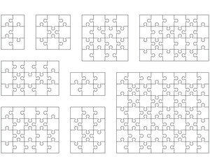 Illustration of nine white puzzles, separate parts	