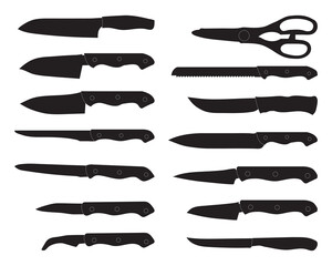 Black silhouettes of kitchen knives and cleavers on a white background