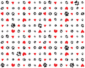 Seamless pattern of black footprint of dogs paws and red hearts on a white background	