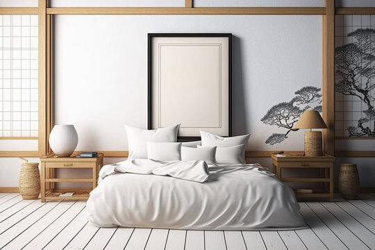 Illustration mockup frame in traditional Japanese bedroom interior,. Generative AI