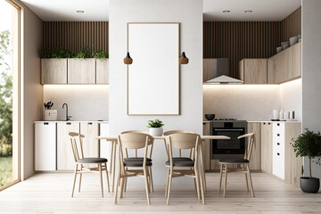 A kitchen's side view shows a dining table with chairs. The wooden wall has a large vertical poster. mockup. Generative AI