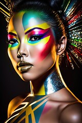 Naklejka premium AI generated portrait of fashionable asian model with bright modern makeup and body painting