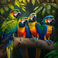 blue and yellow macaw ara, group of colorful parrots perched - AI Generative