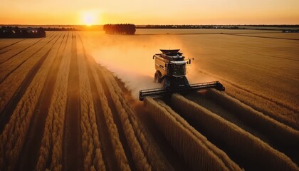 Rye Field Harvesting at Sunrise - Combine Harvester in Action. Generative ai illustration - obrazy, fototapety, plakaty