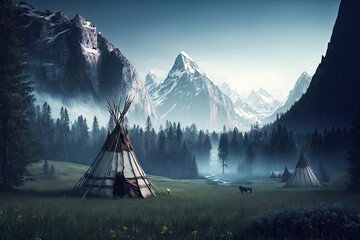 AI generated Native Indian reservation, traditional dwelling - obrazy, fototapety, plakaty