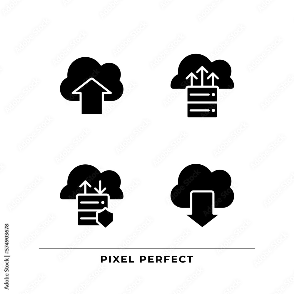 Poster data exchange via cloud resources black glyph icons set on white space. upload and download files on