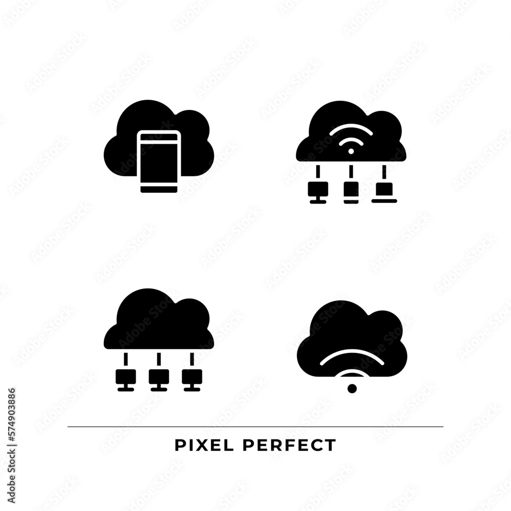 Aufkleber connect devices to cloud based servers black glyph icons set on white space. share data via internet