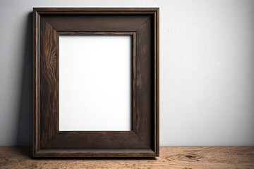Rustic dark-brown wood picture frame on white wall. blank mockup template angle of view. Generative AI
