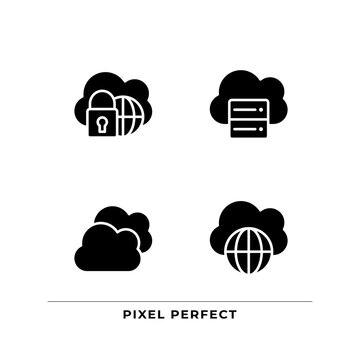 Safe access to cloud based storage black glyph icons set on white space. International communication on internet. Silhouette symbols. Solid pictogram pack. Vector isolated illustration