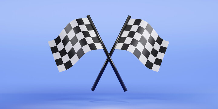 3D rendering of Checkered Racing double flags on color background