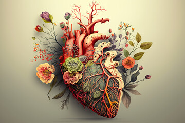 Human heart with flowers generative AI