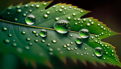 generative ai illustration of raindrops on green leaves, macro, detail