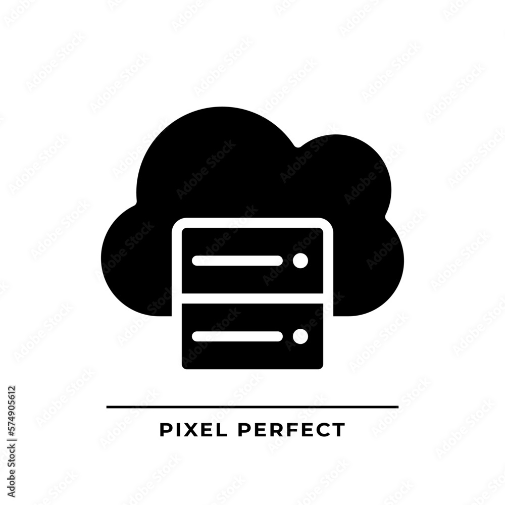 Sticker Cloud server black glyph icon. Digital storage for data. Information keeping online resource. Data center technology. Silhouette symbol on white space. Solid pictogram. Vector isolated illustration