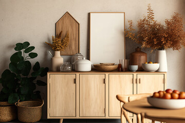 This modern kitchen has mock-up poster frames, a beige wooden sideboard, plants, and retro-inspired accessories. Autumn mood. Generative AI