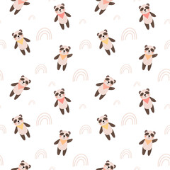 Cute bear seamless pattern. Panda with rainbows. Kawaii cartoon character. Baby greeting card template. Notebook cover, tshirt.