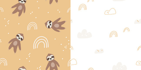 Cute bear seamless pattern. sloth with rainbows. Kawaii cartoon character. Baby greeting card template. Notebook cover, tshirt.