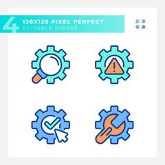 System changes pixel perfect RGB color icons set. Extended search. Complete and save changes. Technical repair. Isolated vector illustrations. Simple filled line drawings collection. Editable stroke