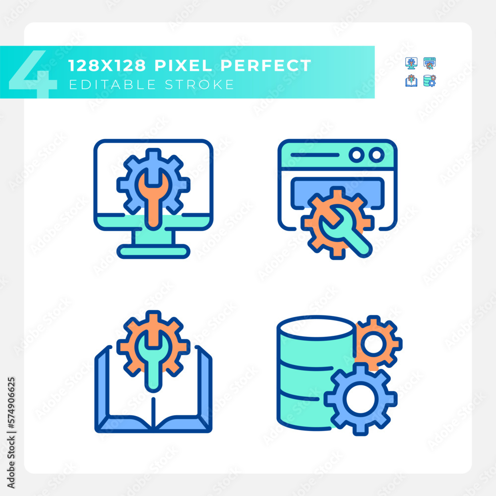 Poster computer system settings pixel perfect rgb color icons set. manual. data storage configuration. webs