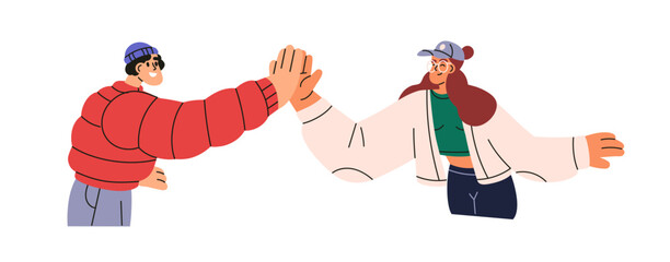 Friends giving high-five, greeting gesture. Young man and woman clapping palms together. Support, trust, approval, friendship concept. Flat graphic vector illustration isolated on white background