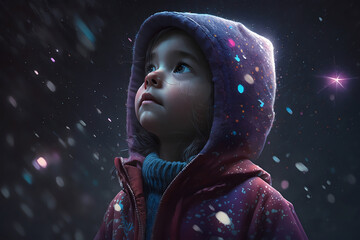 A child looking at the night sky with stars