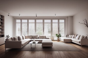 Fototapeta premium Stylish scandinavian living room with design mint sofa, furnitures, mock up poster map, plants and elegant personal accessories. Modern home decor. Bright and sunny room. Generative AI illustration.