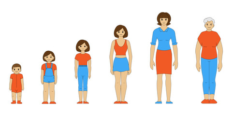 Stages of growing up of a girl, from baby to old man, vector black and white drawing