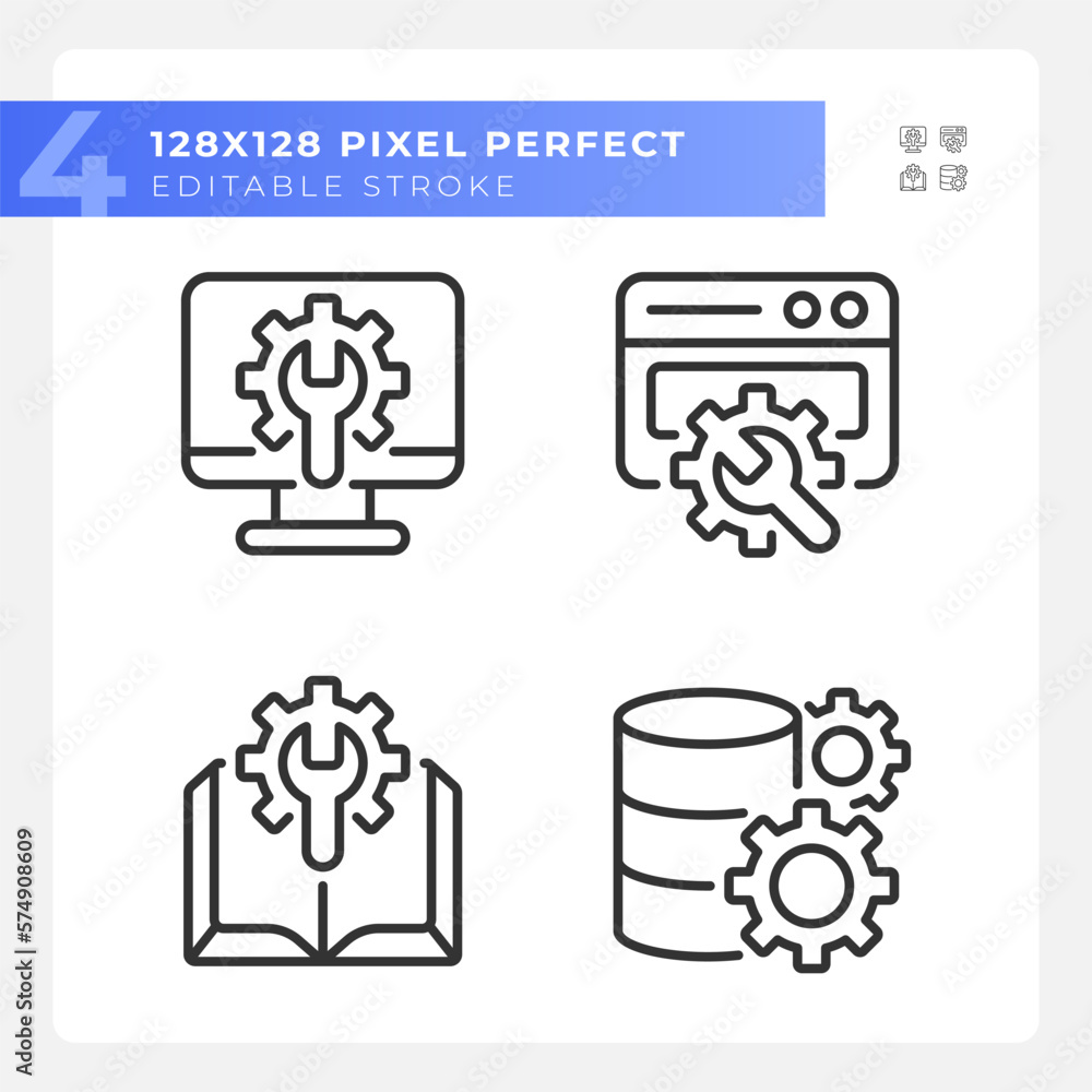 Poster computer system settings pixel perfect gradient linear vector icons set. manual. data storage config
