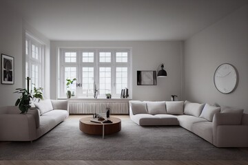 Fototapeta premium Stylish scandinavian living room with design mint sofa, furnitures, mock up poster map, plants and elegant personal accessories. Modern home decor. Bright and sunny room. Generative AI illustration.