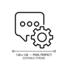 Message settings pixel perfect linear icon. Messenger app configurations. Personalize interaction. Chat bubble and gear. Thin line illustration. Contour symbol. Vector outline drawing. Editable stroke