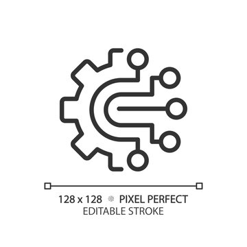 AIOps pixel perfect linear icon. Artificial intelligence for it operations. Automated process. Machine learning. Thin line illustration. Contour symbol. Vector outline drawing. Editable stroke