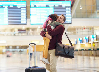 Family, father and child hug at airport, travel and girl greeting man after flight, happiness and love with luggage at terminal. Happy, care and bond with trip, bag and welcome home with reunion - obrazy, fototapety, plakaty