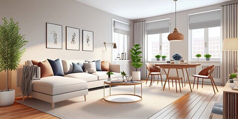 Fototapeta premium Stylish scandinavian living room with design mint sofa, furnitures, mock up poster map, plants and elegant personal accessories. Modern home decor. Bright and sunny room. Generative AI illustration.