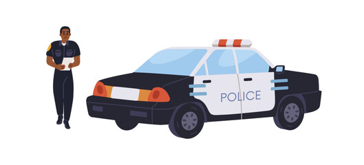 Police officer and patrol car. African-American policeman going with documents. Cop in uniform at auto. Official man from municipal authority. Flat vector illustration isolated on white background