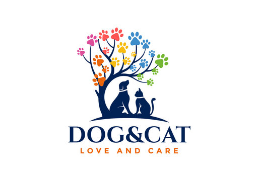 Logo illustration of dog and cat under the tree.