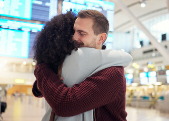 Couple, hug and farewell at airport for travel, trip or flight in goodbye for long distance relationship. Man and woman hugging before traveling, departure or immigration arrival waiting for airline - obrazy, fototapety, plakaty