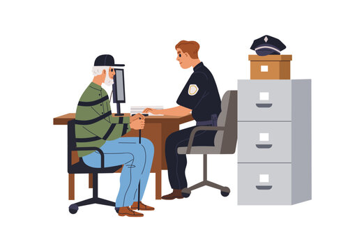 Officer and visitor at police office. Man making report, applying to policeman at desk. Cop in uniform sitting at table with victim. Flat graphic vector illustration isolated on white background