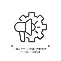 Ad settings pixel perfect linear icon. Search engine optimization. SEO tools. Marketing, promotion. Advertising options. Thin line illustration. Contour symbol. Vector outline drawing. Editable stroke