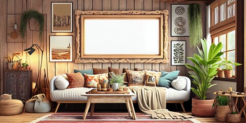 Stylish scandinavian living room with design mint sofa, furnitures, mock up poster map, plants and elegant personal accessories. Modern home decor. Bright and sunny room. Generative AI illustration.