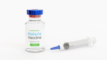 Malaria vaccine in bottle and syringe on white background. Preventative medicine. 3d illustration.
