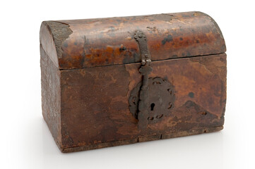 old lacquered chest with lock, slightly damaged (isolated with clipping path)