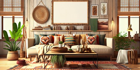 Naklejka premium Stylish scandinavian living room with design mint sofa, furnitures, mock up poster map, plants and elegant personal accessories. Modern home decor. Bright and sunny room. Generative AI illustration.