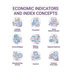Economic indicators and index concept icons set. Business data analytics idea thin line color illustrations. Isolated symbols. Editable stroke. Roboto-Medium, Myriad Pro-Bold fonts used