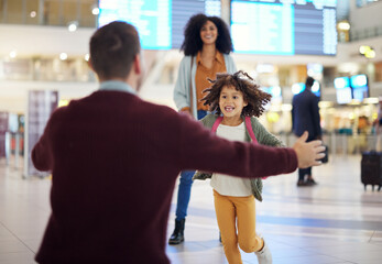 Happy child running to father at airport for welcome home travel and reunion, immigration or international opportunity. Interracial family, dad and girl kid run for hug excited to see papa in lobby