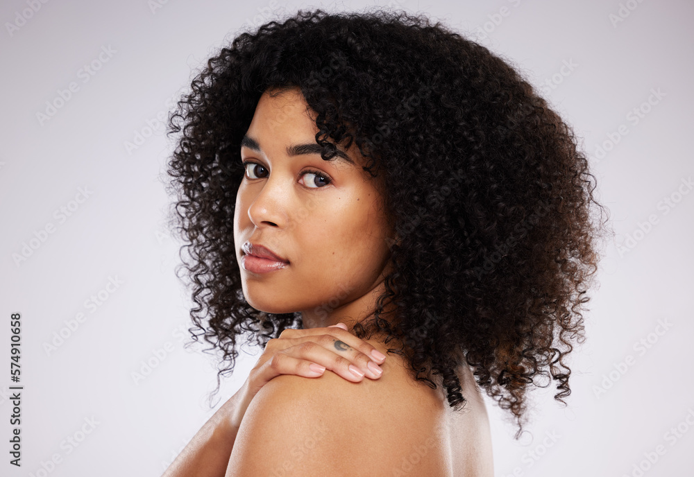 Sticker Black woman, hair and afro in studio portrait with beauty, wellness and cosmetic skincare glow by background. Young gen z model, african and cosmetics with clean face, natural and healthy aesthetic