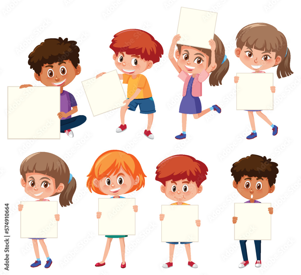 Sticker Set of children cartoon character holding banner