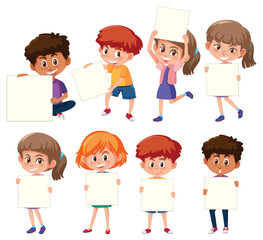 Set of children cartoon character holding banner