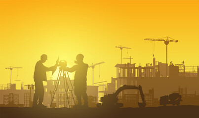 Silhouette building construction site with a tower crane and engineer and workers.Vector illustration