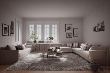 Stylish scandinavian living room with design mint sofa, furnitures, mock up poster map, plants and elegant personal accessories. Modern home decor. Bright and sunny room. Generative AI illustration.