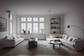 Fototapeta premium Stylish scandinavian living room with design mint sofa, furnitures, mock up poster map, plants and elegant personal accessories. Modern home decor. Bright and sunny room. Generative AI illustration.